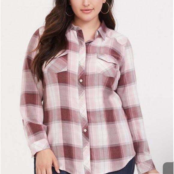 TORRID Plus Size Taylor Rayon Twill Button Down Shirt in Pink Plaid Size 1 - Picture 1 of 7